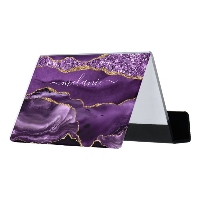 Purple Gold marble Your Name Business Card Holder (Angled Back)