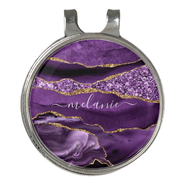 Purple Gold Marble Your Name Golf Hat Clip Marker (Front)