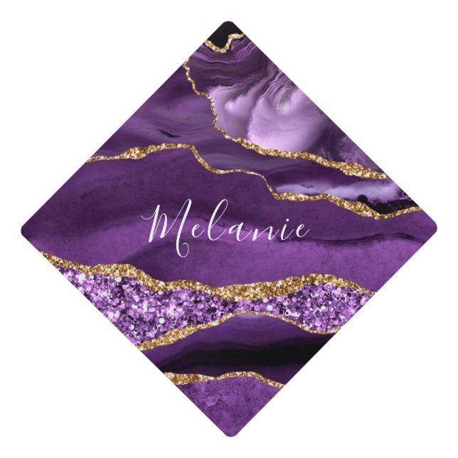 Purple Gold Marble Your Name Graduation Cap Topper (Front)