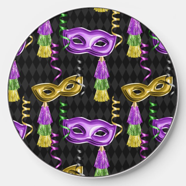 PURPLE & GOLD MARDI GRAS MASKS & STREAMERS WIRELESS CHARGER  (Front)