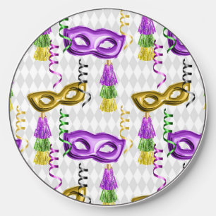 PURPLE & GOLD MARDI GRAS MASKS & STREAMERS WIRELESS CHARGER 