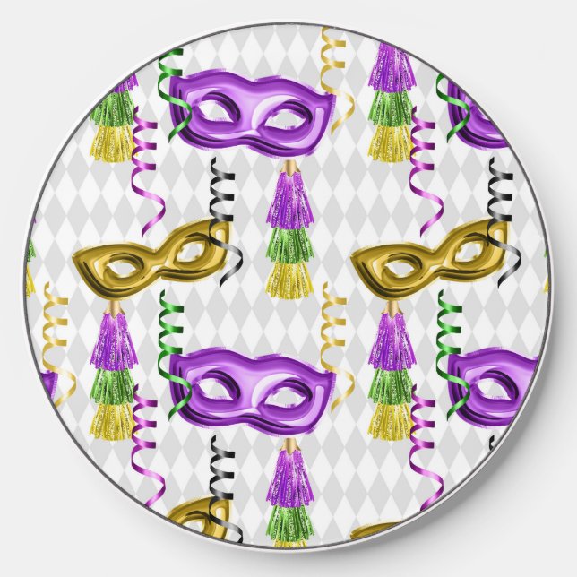 PURPLE & GOLD MARDI GRAS MASKS & STREAMERS WIRELESS CHARGER  (Front)