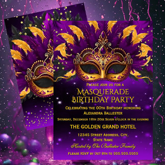 Purple Gold Masks Masquerade Birthday Party Invitation