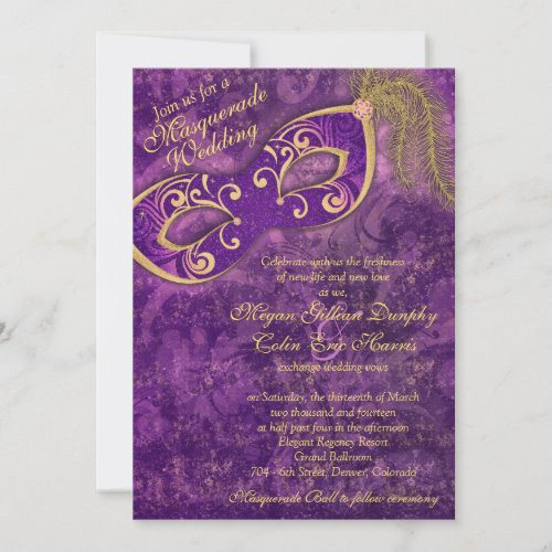 Purple Gold Masquerade Ball Mardi Gras Wedding Invitation