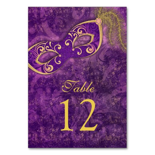 Purple Gold Masquerade Ball Mardi Gras Wedding Table Number