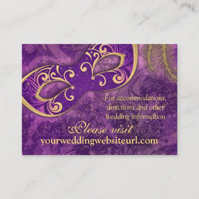 Purple Gold Masquerade Ball Wedding Website Enclosure Card (Front)