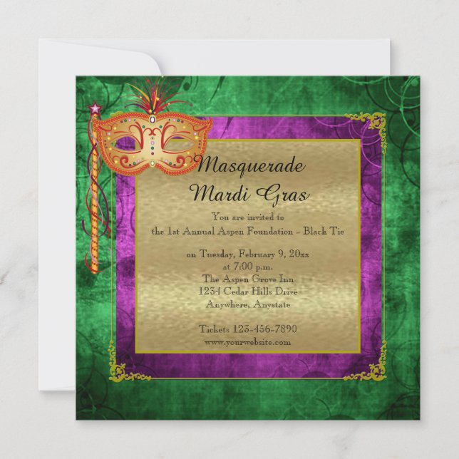 Purple Gold Masquerade Mardi Gras Ball Invitation (Front)