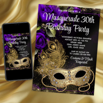 Purple Gold Masquerade Party Invitation by Pure_Elegance at Zazzle