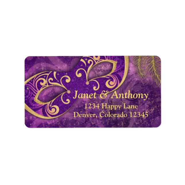 Purple Gold Masquerade Wedding Address Label (Front)