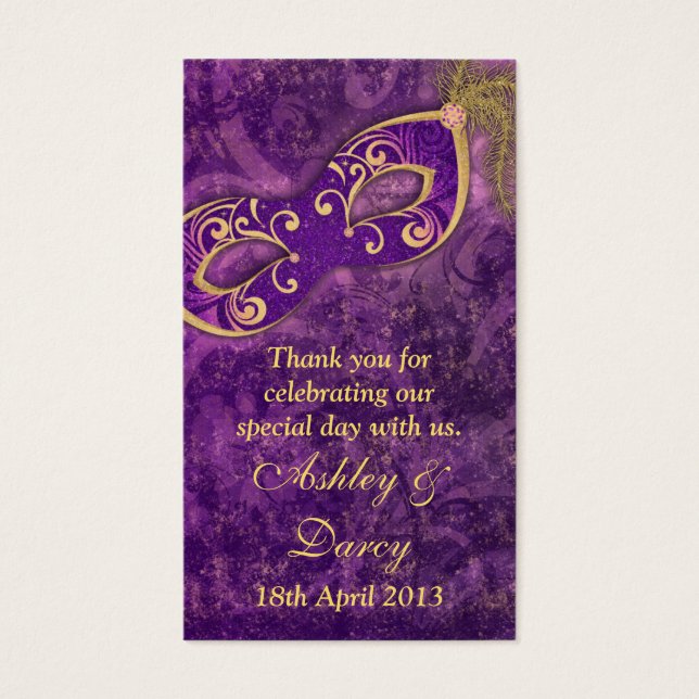 Purple Gold Masquerade Wedding Favour Tags (Front)