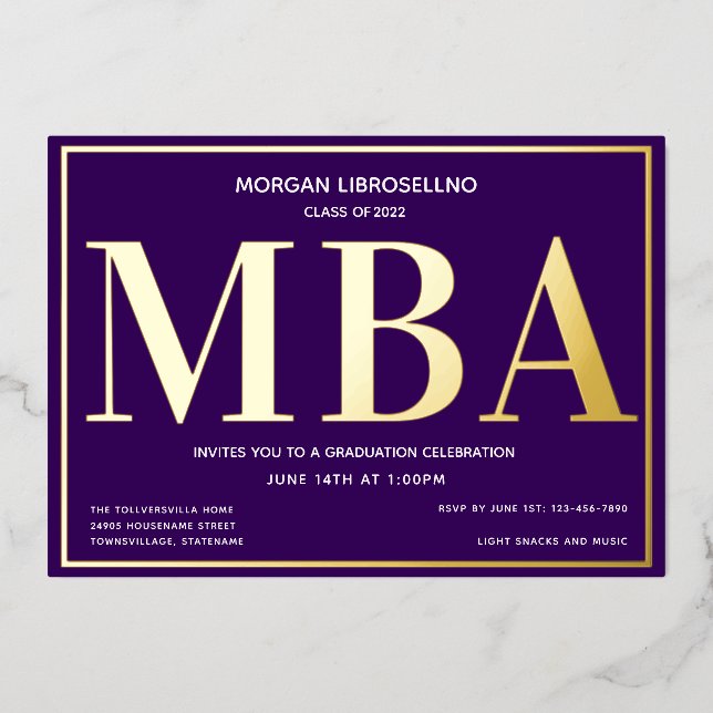 Purple Gold MBA Graduation Foil Invitation (Front)