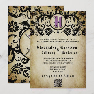 Purple & Gold Medieval Middle Ages Damask Wedding  Invitation