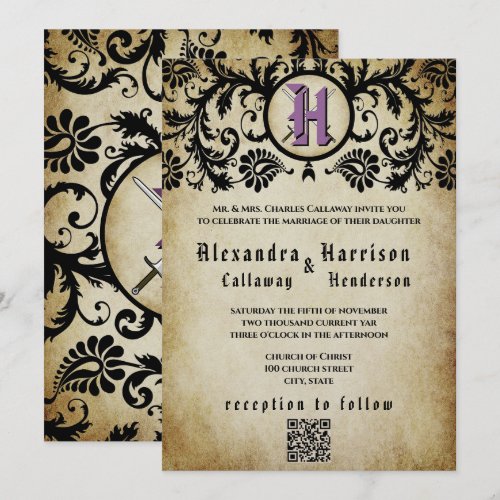 Purple & Gold Medieval Middle Ages Damask Wedding  Invitation