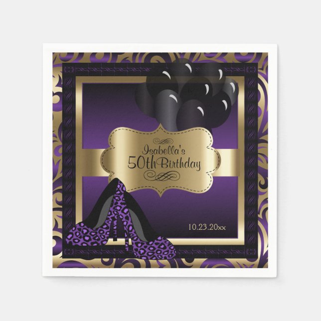 Purple & Gold Metallic - 00th Birthday  | DIY Text Napkins (Front)