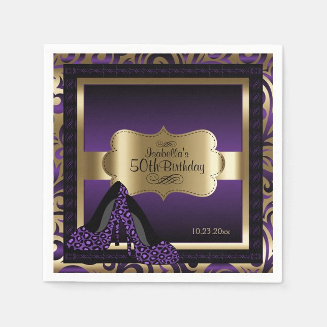 Purple & Gold Metallic - 50th Birthday  | DIY Text Napkins (Front)