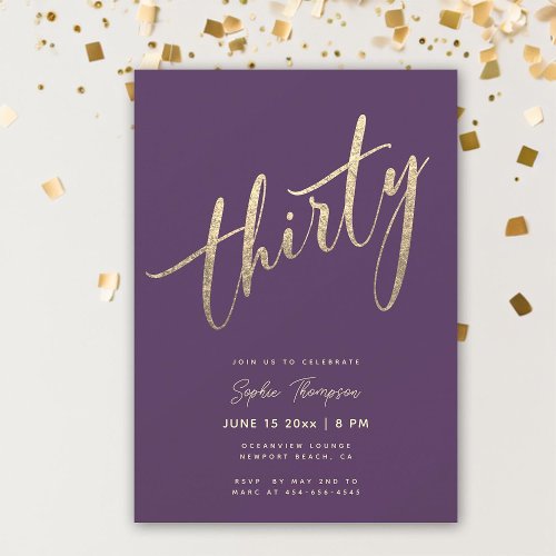 Purple Gold Minimalist Glam Elegant 30th Birthday Invitation