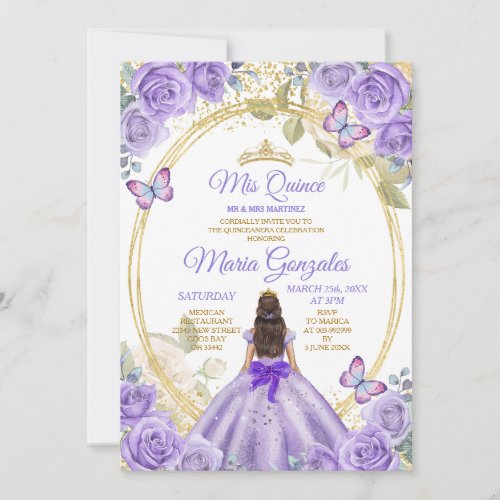 Purple  Gold Mis Quince 15 Anos Butterfly Crown Invitation