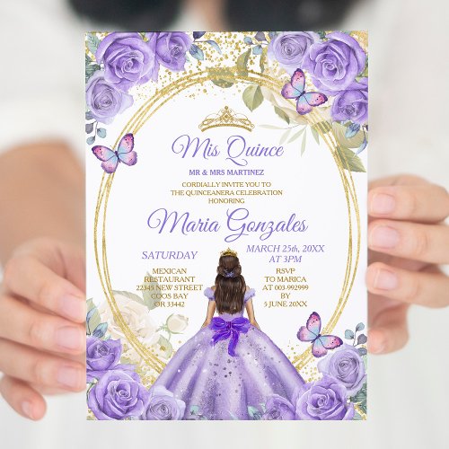 Purple  Gold Mis Quince 15 Anos Butterfly Crown Invitation