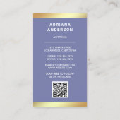 Purple Gold Model Actress QR Code 2 Photo Collage Business Card (Back)