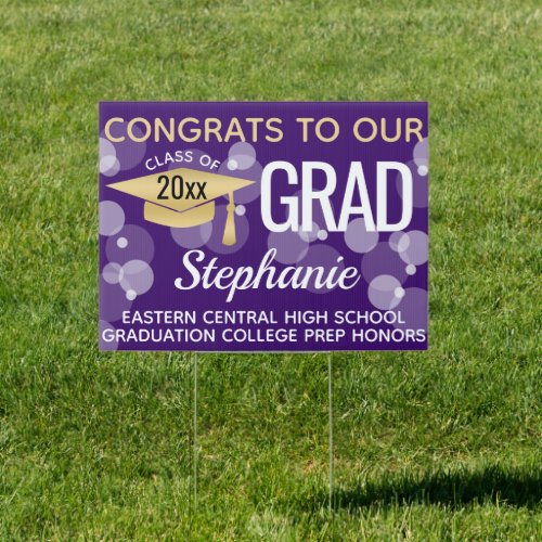 Purple Gold Modern Bubbles Congrats Graduation Sign
