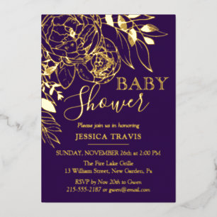Purple & Gold Modern Floral Baby Shower Foil Invitation
