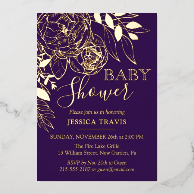 Purple & Gold Modern Floral Baby Shower Foil Invitation (Front)