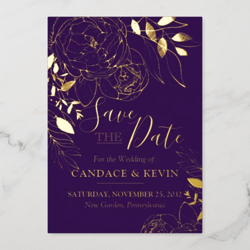  Purple  Gold Modern Floral Peony Save the Date Foil Invitation