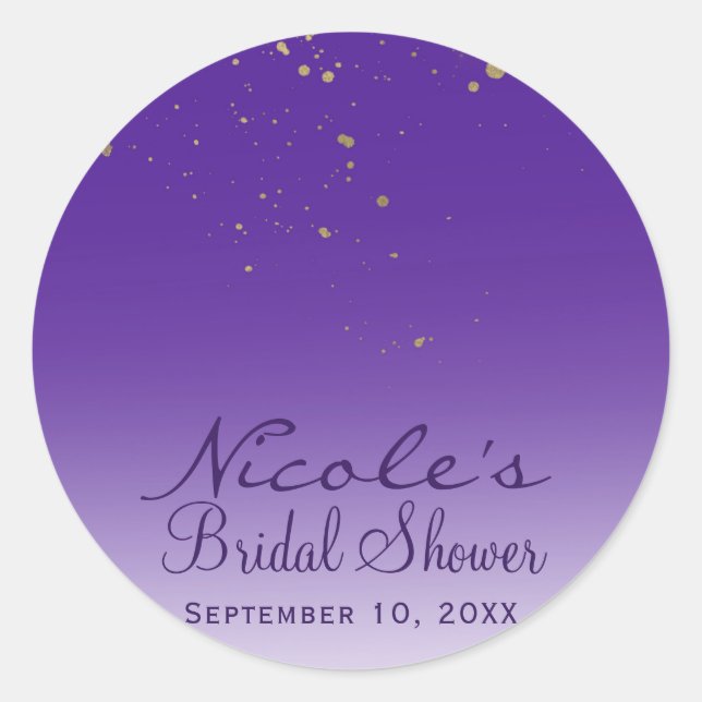 Purple & Gold Modern Glam Bridal Shower Party Classic Round Sticker (Front)
