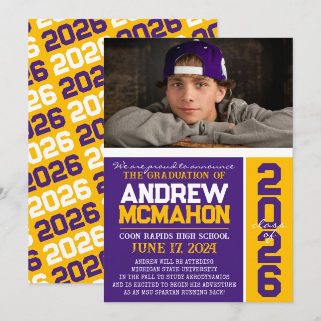 Purple & Gold Modern Graduation Photo Announcement (Front/Back)