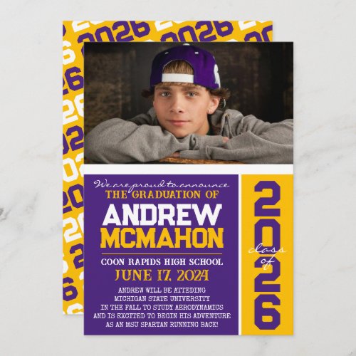 Purple  Gold Modern Graduation Photo Announcement