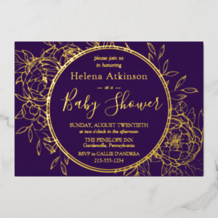 Purple & Gold Modern Peony Toile Baby Shower Foil Invitation