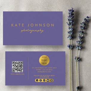 Purple Gold Modern Script QR Code Social Media  B Business Card