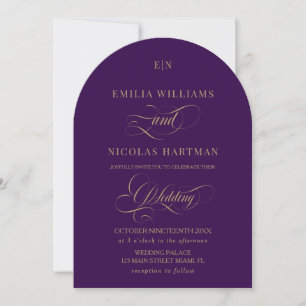 Purple Gold Monogram Elegant Calligraphy Wedding Invitation