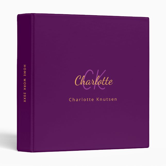 Purple gold monogram initials 3 ring binder (Front/Spine)