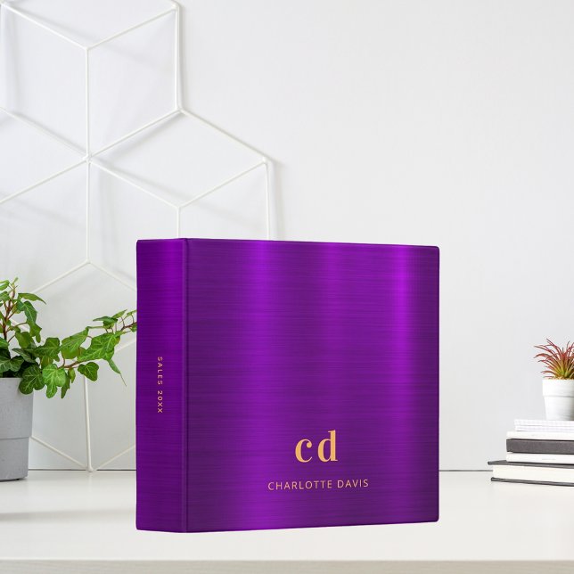 Purple gold monogram initials elegant glamorous  3 ring binder (Creator Uploaded)