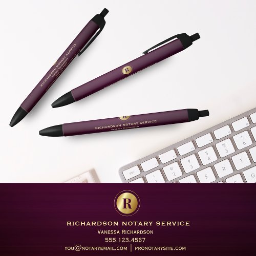 Purple Gold Monogram Notary Business Elegant  Black Ink Pen