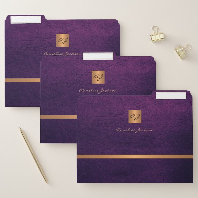 Purple gold monogrammed classy elegant chic file folder (Set)