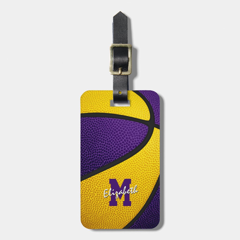 purple gold monogrammed sports gifts basketball luggage tag