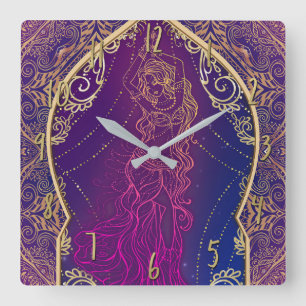 Purple & Gold Moroccan Arabian Belly Dancing Glam Square Wall Clock