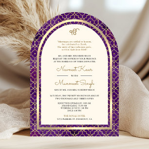 Purple Gold Moroccan QR Code Sikh Arch Wedding Invitation