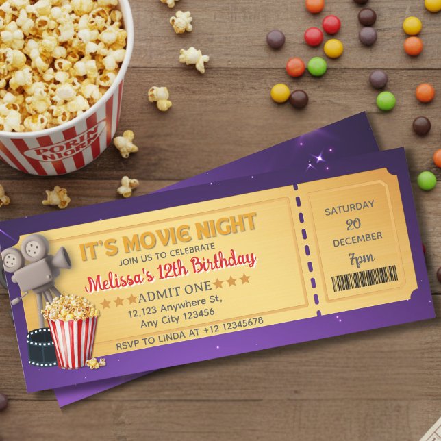 Purple Gold Movie Night Ticket Birthday Party   (Creator Uploaded)