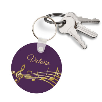 Purple Gold Music Notes Monogram Name Keychain by Thunes at Zazzle