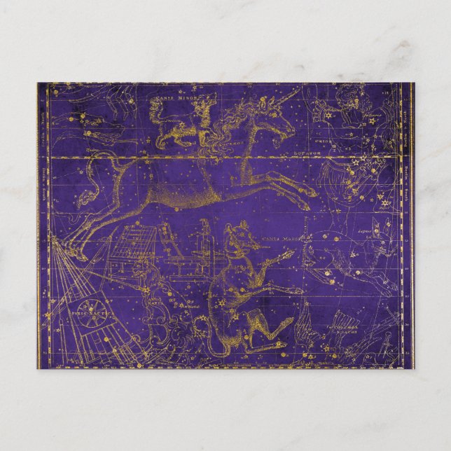 Purple & Gold Mythical Unicorn Celestial Map Postcard (Front)