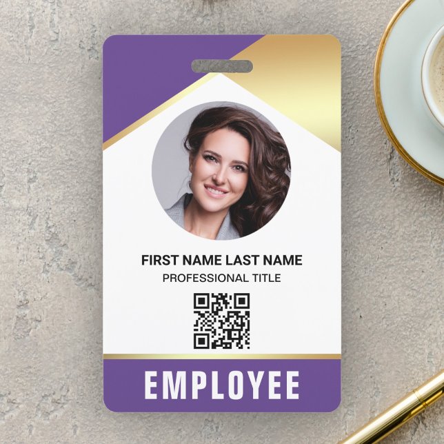 Purple Gold Name Photo QR Code Employee ID Card Badge (Creator Uploaded)