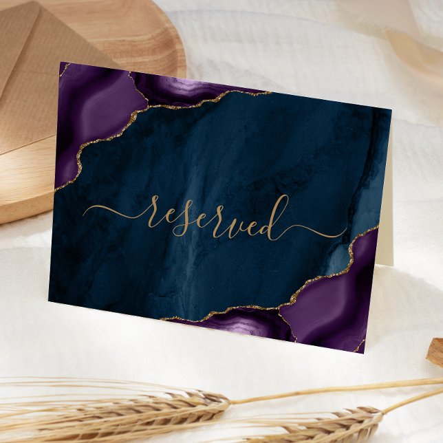 Purple Gold Navy Blue Agate Reserved Wedding Place Card (Creator Uploaded)