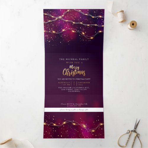 Purple gold Neon lighting Custom Christmas year Tri_Fold Invitation