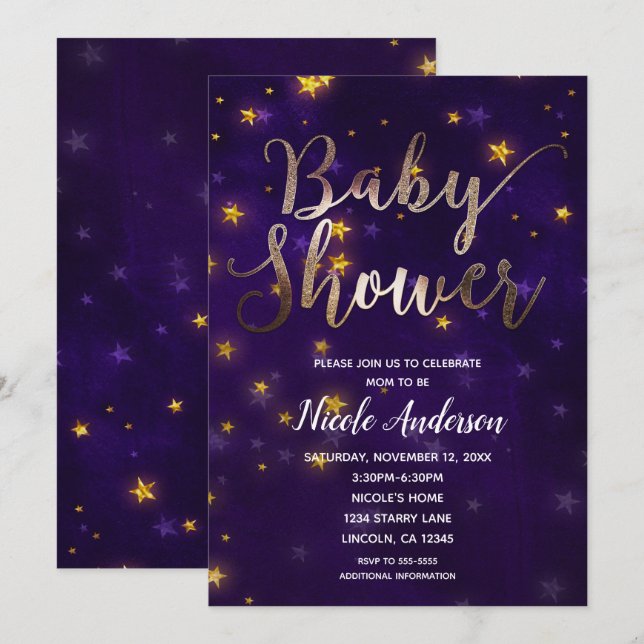 Purple & Gold Night Under The Stars Baby Shower Invitation (Front/Back)