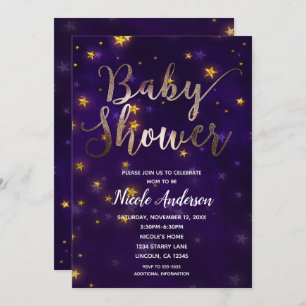 Purple & Gold Night Under The Stars Baby Shower Invitation