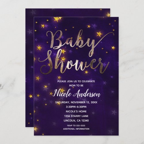 Purple  Gold Night Under The Stars Baby Shower Invitation