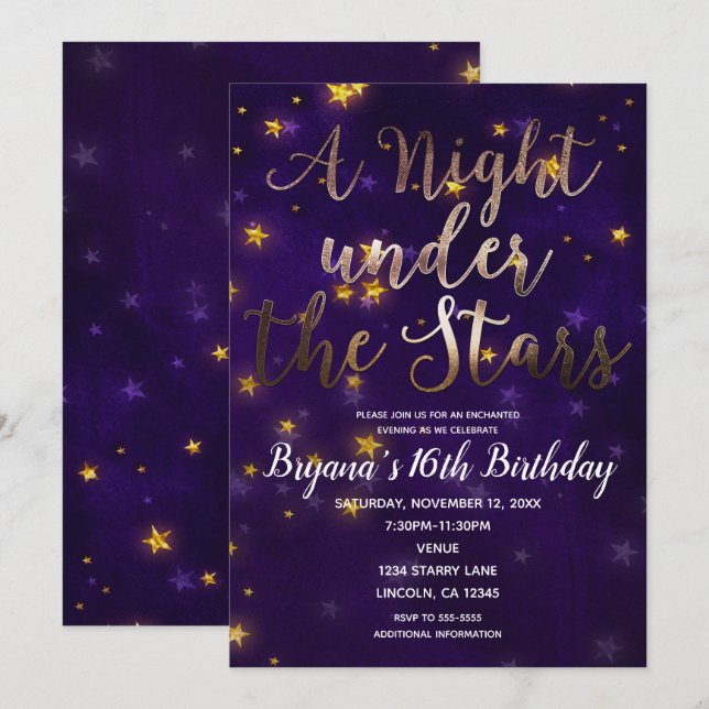 Purple & Gold Night Under The Stars Celestial Invitation (Front/Back)
